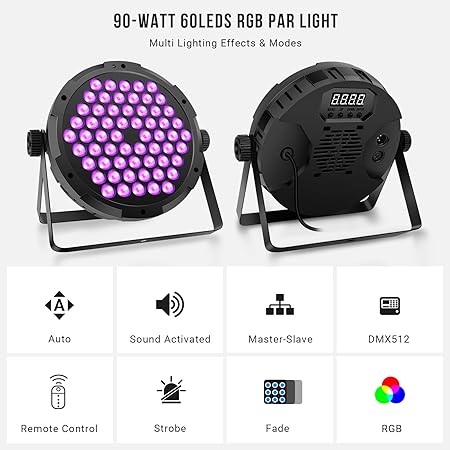 60 LED Par Lights DMX - 90W RGB Stage DJ Par Light Remote Control Sound Activated Auto Play Uplights for Events Church Club Wedding Party Mobile Music Live Show Entertainment Stage Lighting