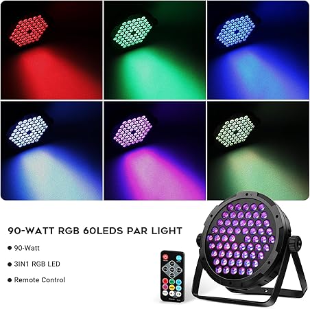 60 LED Par Lights DMX - 90W RGB Stage DJ Par Light Remote Control Sound Activated Auto Play Uplights for Events Church Club Wedding Party Mobile Music Live Show Entertainment Stage Lighting