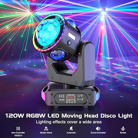 120W Stage Moving Head Light with RGBW Beam & Strobe Effects,3-Axis Rotation DJ Light DMX 512 19/25CH with Sound Activated for Party Club Bar DJ Events Disco Wedding Live Show (2 Pack)