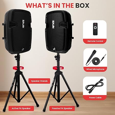 Pyle Powered Bluetooth PA Speaker Kit - Event Ready - Just Plug In and Play Active and Passive 350w Loudspeakers with Wired Microphone, Speaker Stands, Remote - MP3/USB/SD/AUX inputs - PPHP849KT